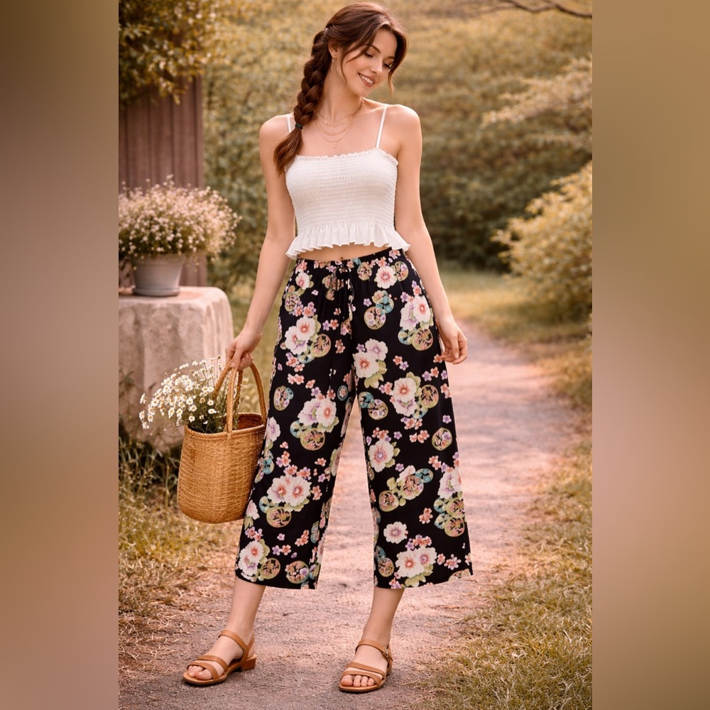 HEARTS OF PALM  Womens Black Floral Pants Size 12‎ Elastic Waist